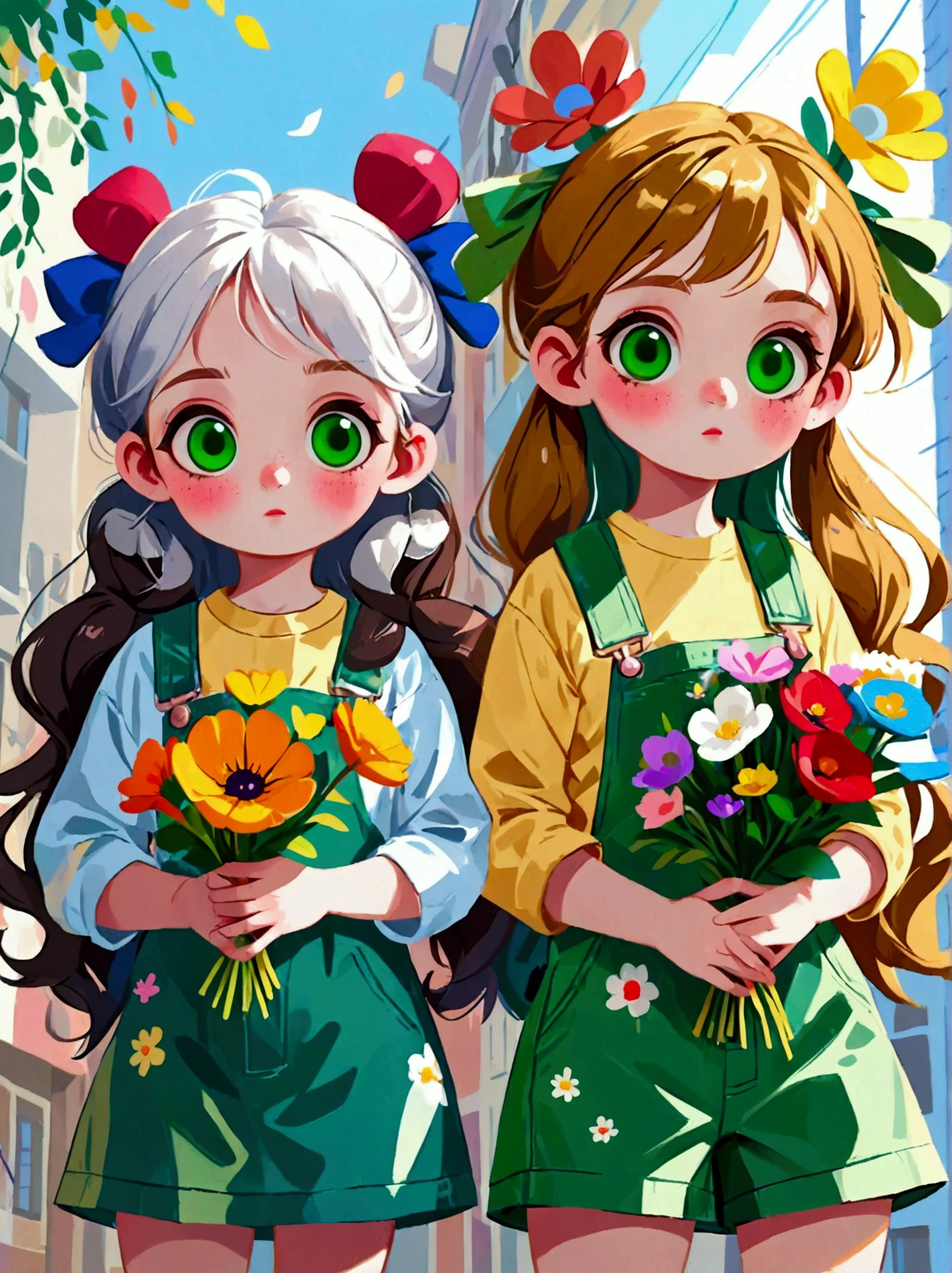  (Low Angle Shot:1.8), (((projected inset, dutch angle, vanishing point, from below))), (8k，Bright colors，Bright，Ultra high saturation，rgb, Colorful), Cartoon,Character Design,Cute little girl,big eyes,Long hair,With pigtails,Holding flowers,Wearing green overalls,可爱的Q版Cartoon风格,Simple background,White Walls,White floor,Colorful illustrations,Bright colors,White shoes,Full body image,Bright colors,HD,High-resolution images in a Q-version style