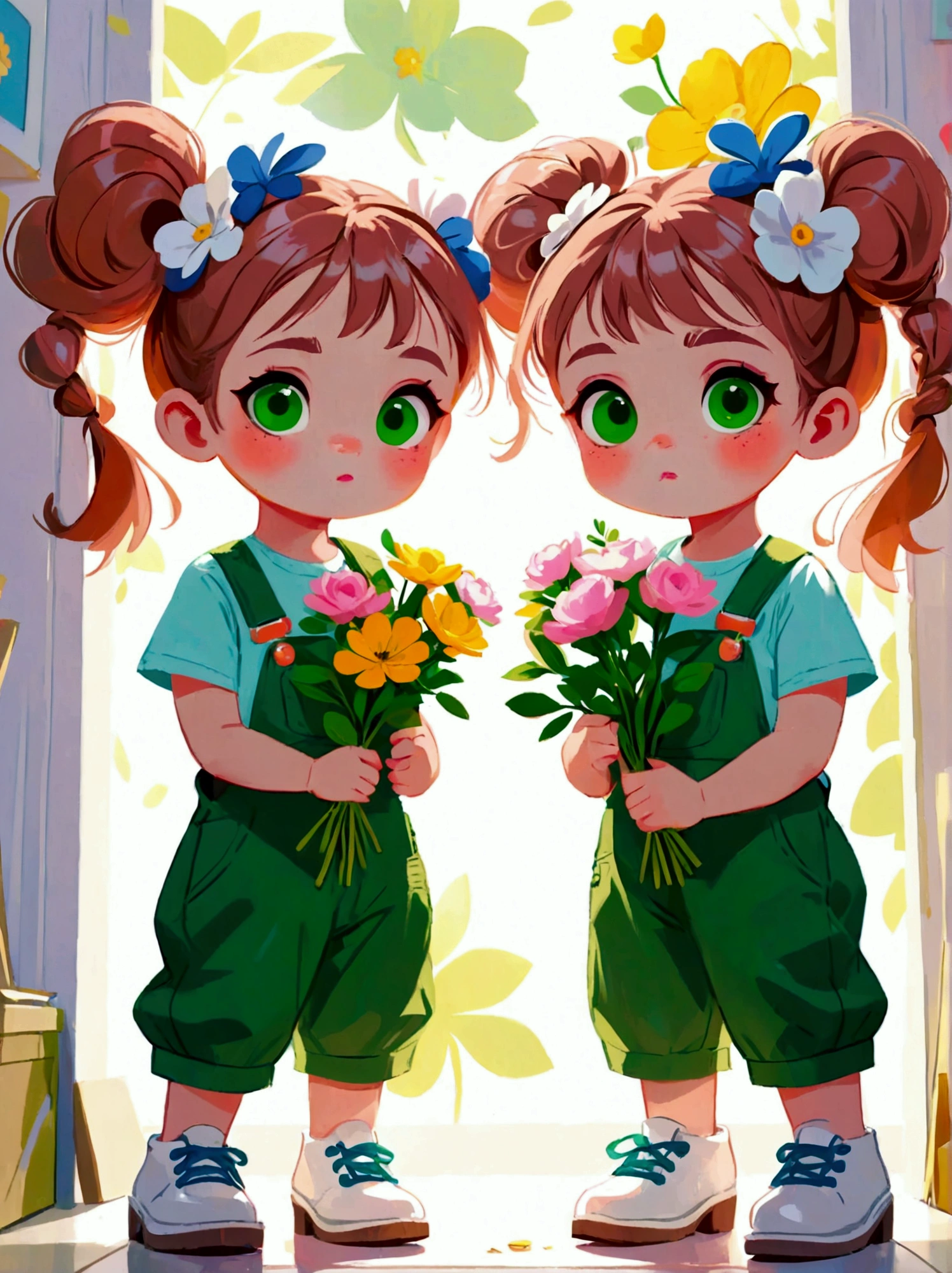  (Low Angle Shot:1.8), (((projected inset, dutch angle, vanishing point, from below))), (8k，Bright colors，Bright，Ultra high saturation，rgb, Colorful), Cartoon,Character Design,Cute little girl,big eyes,Long hair,With pigtails,Holding flowers,Wearing green overalls,可爱的Q版Cartoon风格,Simple background,White Walls,White floor,Colorful illustrations,Bright colors,White shoes,Full body image,Bright colors,HD,High-resolution images in a Q-version style