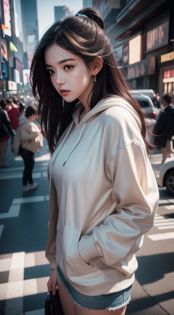 tmasterpiece， Outdoor backstreets，Times Square, New York，best qualtiy， cinematric light， Soft light ,photorealistic paintings，facial closeups，Landscape avatar，White tiger hood，Burse linen hoodie， --v6