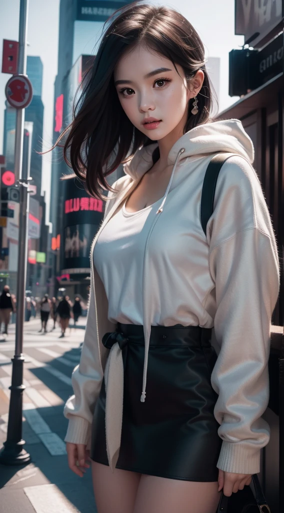 tmasterpiece， Outdoor backstreets，Times Square, New York，best qualtiy， cinematric light， Soft light ,photorealistic paintings，facial closeups，Landscape avatar，White tiger hood，Burse linen hoodie， --v6