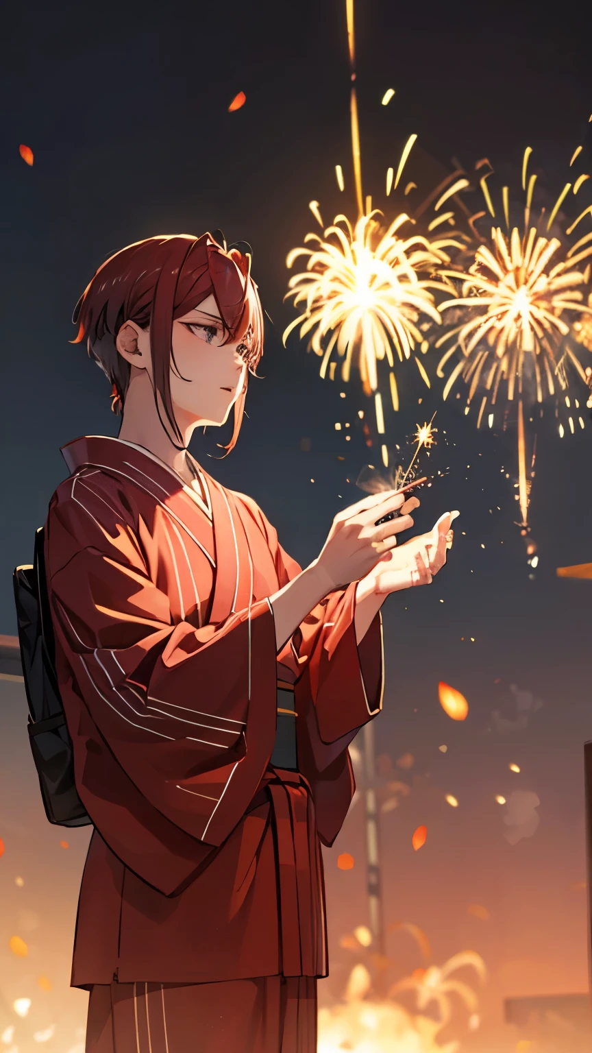 boy、Red yukata、firework