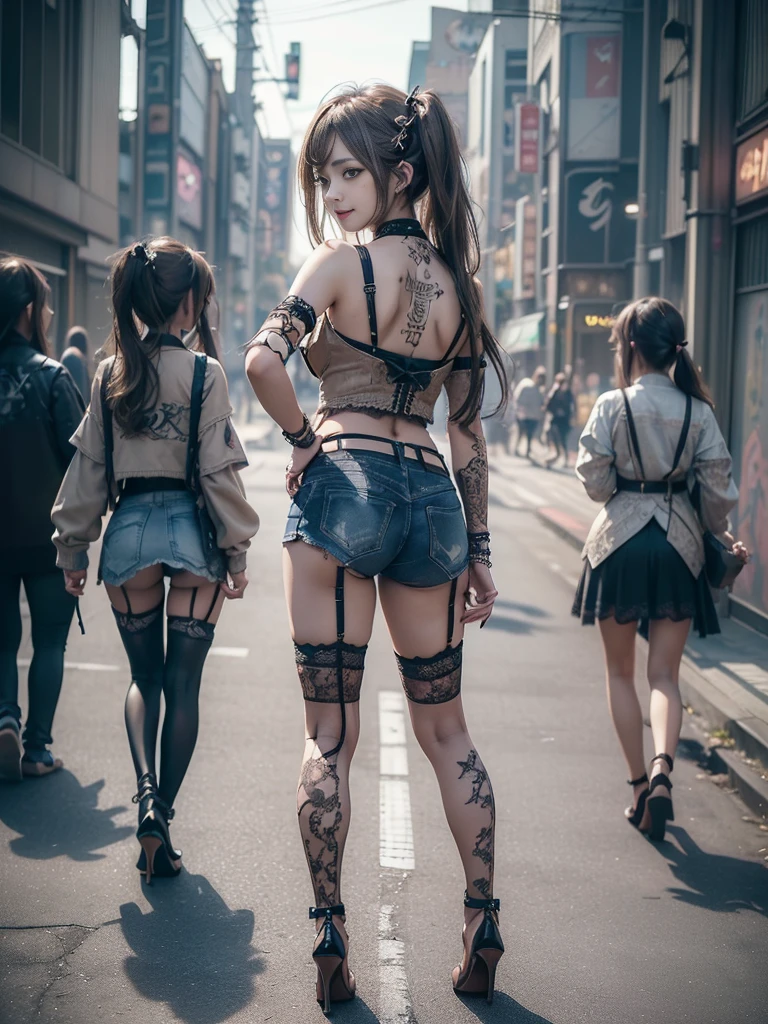 (Three Girls, 3 girls:1.5)、(Back view:1.4)、(Look over your shoulder:1.3)、(Show off your beautiful ass:1.4)、(Smiling with teeth showing:1.3),(Shibuya Gal:1.5)、(Dark fantasy world:1.4)、(Neo-Goth Fashion:1.5)、(Punk RockVisual Kei:1.3)、(Futuristic black, beige and pink bodysuit:1.5)、(Delicate denim and beige cardigan:1.5)、(Gorgeous decorated corset:1.4)、(Red Garter Belt:1.5)、(Denim and pink cargo pants:1.3)、(Heart-shaped silver accessories:1.5)、(Brown Skin Belt:1.4)、(Blue High Heels:1.4)、(Lace underwear:1.4)、20-year-old、Browsing Caution,((Highest quality、In 8K、masterpiece:1.3))、Sharp focus:1.2、(Layered Cut、Huge breasts:1.1),Beautiful woman with perfect figure:1.4、(Dancing vigorously:1.3)、Slim Abs:1.2、Butt、Highly detailed face and skin texture、Fine grain、double eyelid,(Twin tails:1.3)、(Brownish golden hair:1.3)、Obscene、Idol Sculpture、(The background is a cityscape of a fantasy world:1.3)、(Slimming your legs:1.4)、(The body is slim:1.3)、(clavicle:1.1)