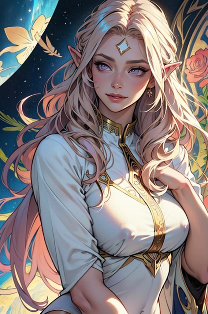 [[Adopt the concept of the character.]], a character, whole body, proportional breathing, middle aged european, ((Mother)), maduro, smooth lips, (oval shaped face), (heavenly nose), теплая worldлая кожа, purple eyes, innocence, whole body, (tall woman), doe eyes, (very world rose gold hair, very world pinkish blonde), very long golden wavy hair, long eyelashes, serene smile, world [большие крылья an angelа], [[head wings]], an angel, NSFW, trend in artstation, ((The style of Alfonso Mucha)), ink shadow, (((masterpiece))), an angel, feather ears