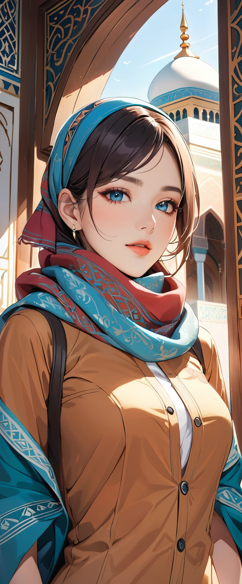 (masterpiece:1.2,Highest quality,Ultra-high resolution,Super detailed),(Best illustrations),8k,wallpaper,(Written boundary depth),(Sophisticated lighting:1.2),BREAK(1 female),(A woman visiting a mosque:1.6),(Wearing a scarf over her face:1.6),(Beautiful Face,Beautiful Eyes,Beautiful skin texture:1.3),(front:1.6),(Cowboy Shot:1.6),(The background is a colorful and beautiful arabesque pattern.)