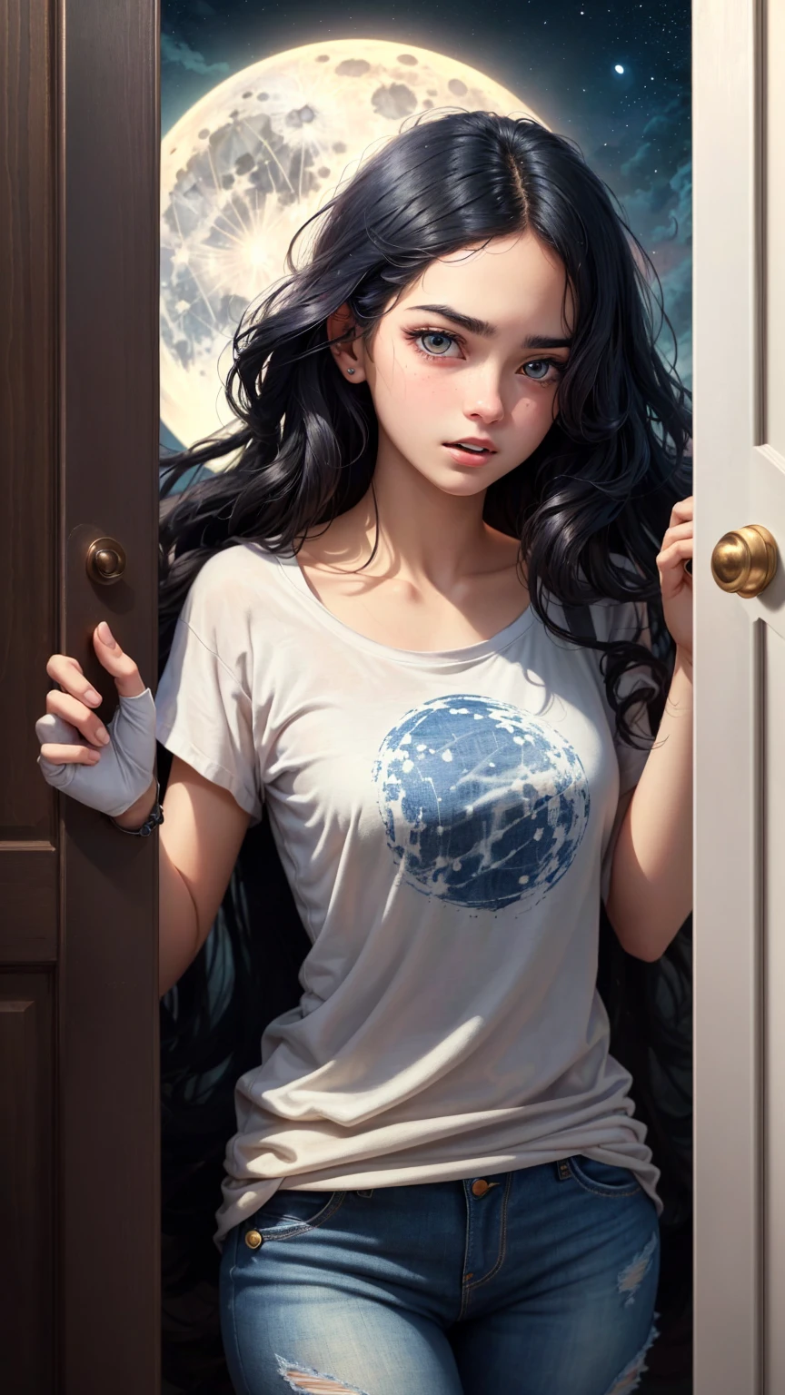 ((best quality)), ((masterpiece)), (detailed), A digital illustration of a long black haired teenage girl slowly opening a door with a expression of tense on her face. She is wearing a plain white t-shirt and blue jeans. The background is full moon and haunted