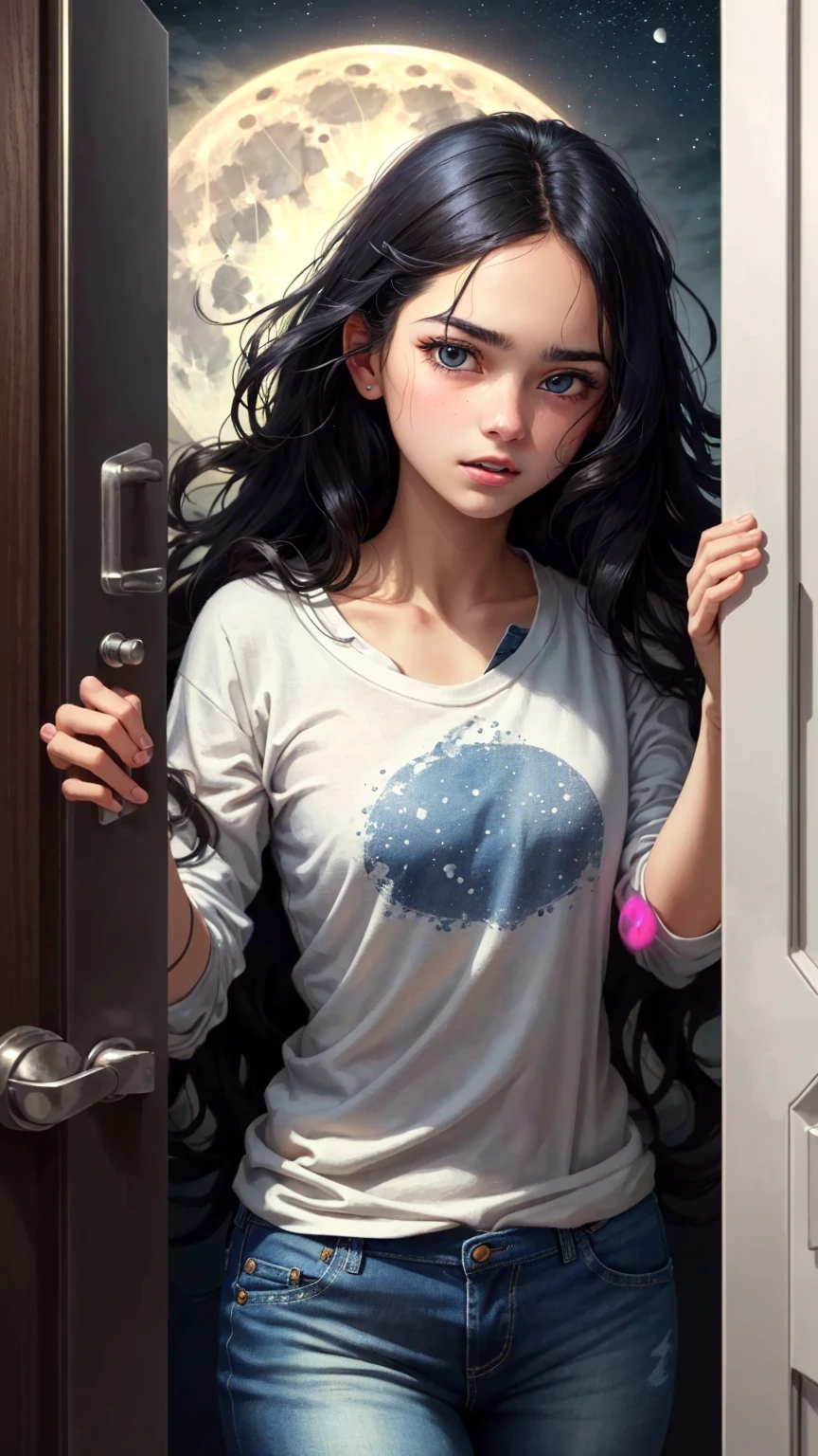 ((best quality)), ((masterpiece)), (detailed), A digital illustration of a long black haired teenage girl slowly opening a door with a expression of tense on her face. She is wearing a plain white t-shirt and blue jeans. The background is full moon and haunted