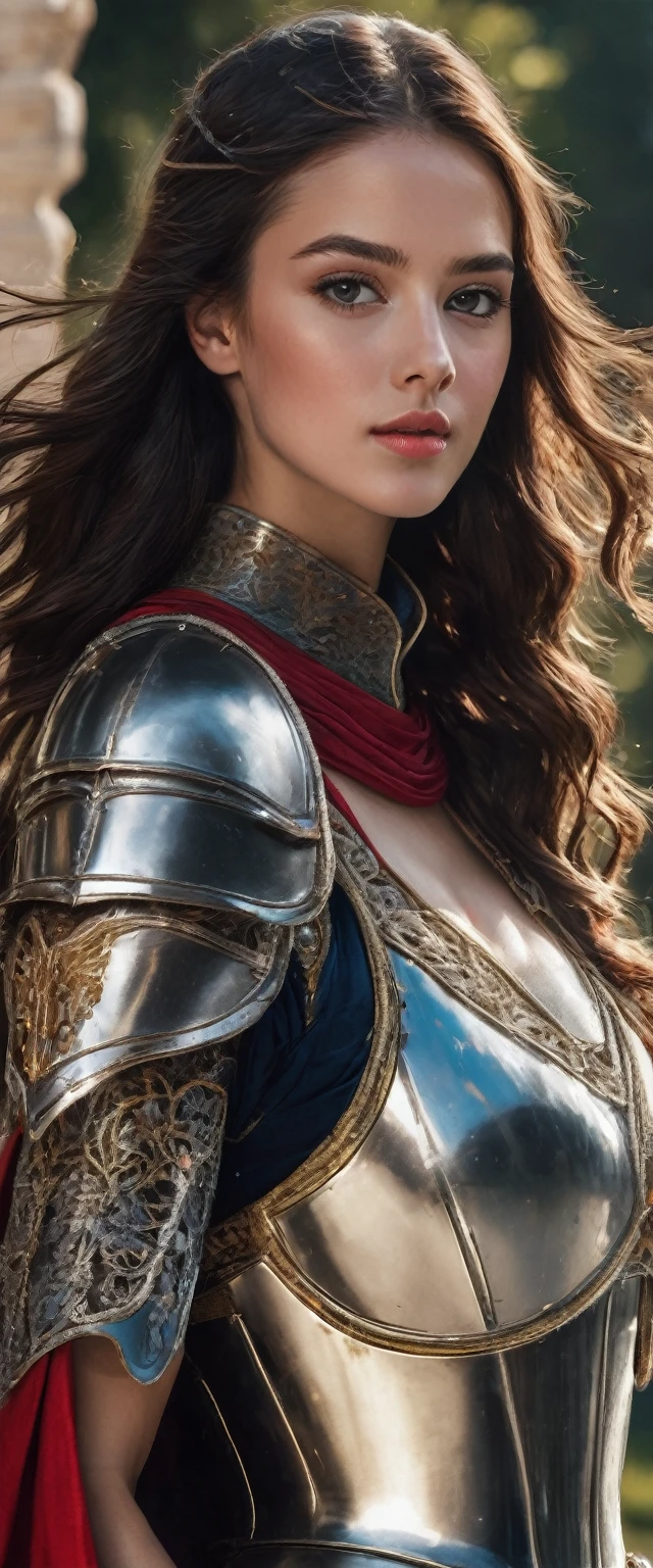 Highest quality, Realistic, photoRealistic, Award-winning photography, (Intricate details, royal palace: 1.2), (Subtle details), (Intricate details), (Cinematic Light, Super sexy long hair woman, knight, , huge bouncing chests, Deep cleavage, sexy long legs, dynamic sexy pose, knightの正装, Colorful and intricately constructed armor, knight, leg armor, Red Cape, Upper body close-up),