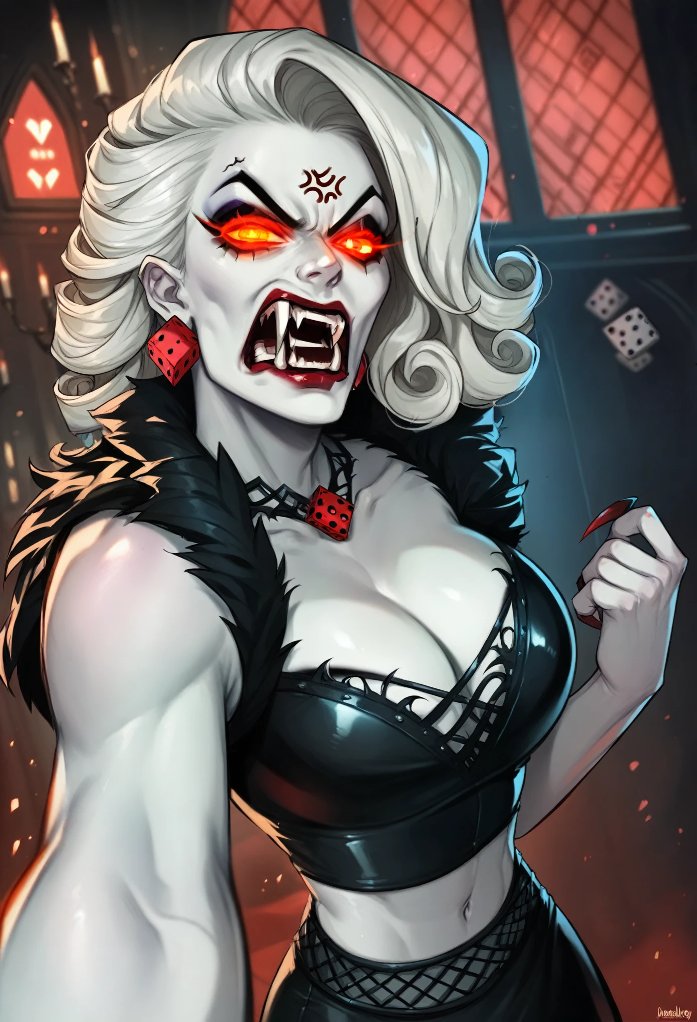 photogenic beautiful woman, leather (bodice, midriff), (laces), vampire queen, ((pale skin)), (angry), :o, fangs, looking at viewer, glowing eyes,(sinister, evil malevolent, seductive, wicked),elegant, ((makeup, eyeshadow, eyeliner)) powerful, moonlit ancient castle, flowing black and crimson v-neck dress, cleavage, mist, bat wings, night sky, dramatic shading, vibrant colors detailed, art by Brom and Luis Royo, 8k resolution solo, walking, best quality, high detail, 4k, 8k resolution photo by Glen Luchford photo by Glen Luchford earring, bokeh, atmospheric lighting,bokeh,