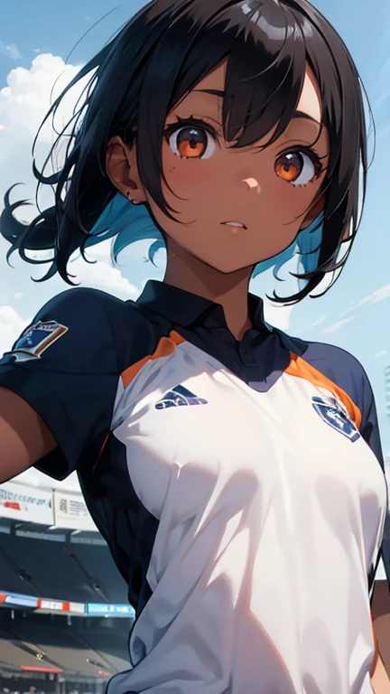 Highest quality、Realistic、woman、zoom、Orange eyes、Very short black hair、Blue Football Uniform、Small breasts、Sunburn。Dark Skin、、Soccer Field