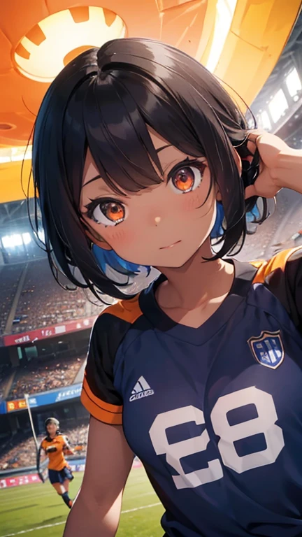 Highest quality、Realistic、woman、zoom、Orange eyes、Very short black hair、Blue Football Uniform、Small breasts、Sunburn。Dark Skin、、Soccer Field