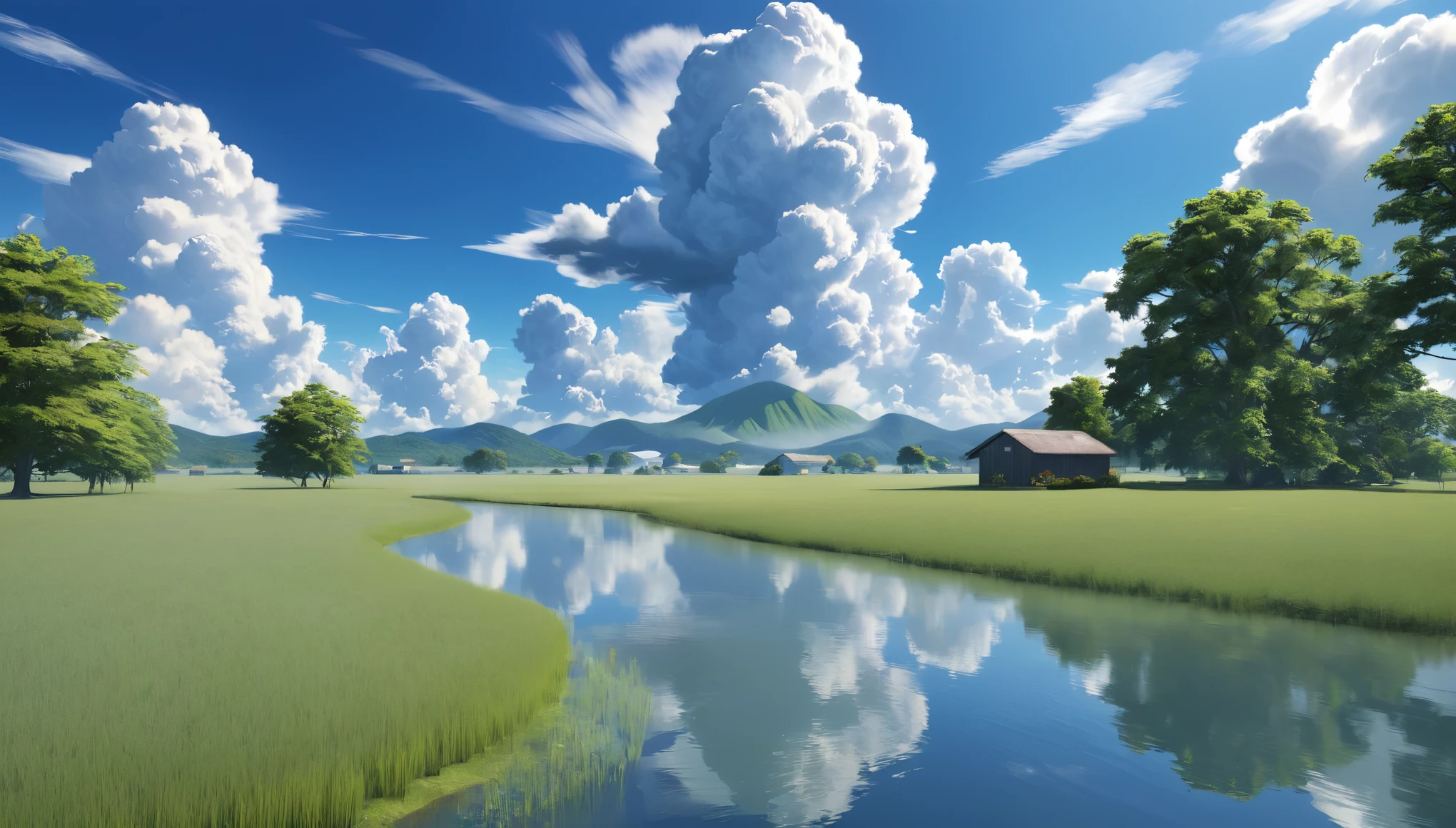 Japanese countryside,Paddy field,Azemichi,Midsummer,sunny,cumulonimbus,Daytime,Highest quality, 8k, High resolution, masterpiece:1.2, Very detailed, Realistic:1.37, High resolution, 超High resolution, Very detailed, Professional, Vibrant colors