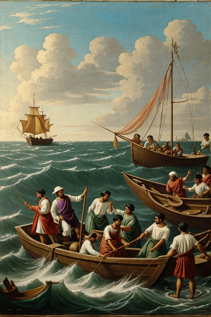 Disciples pulling the net full of fish at the sea