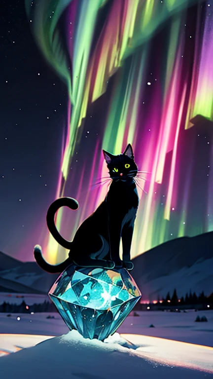 Cat silhouette perched on a crystal formation, aurora borealis in the background, glittering snow