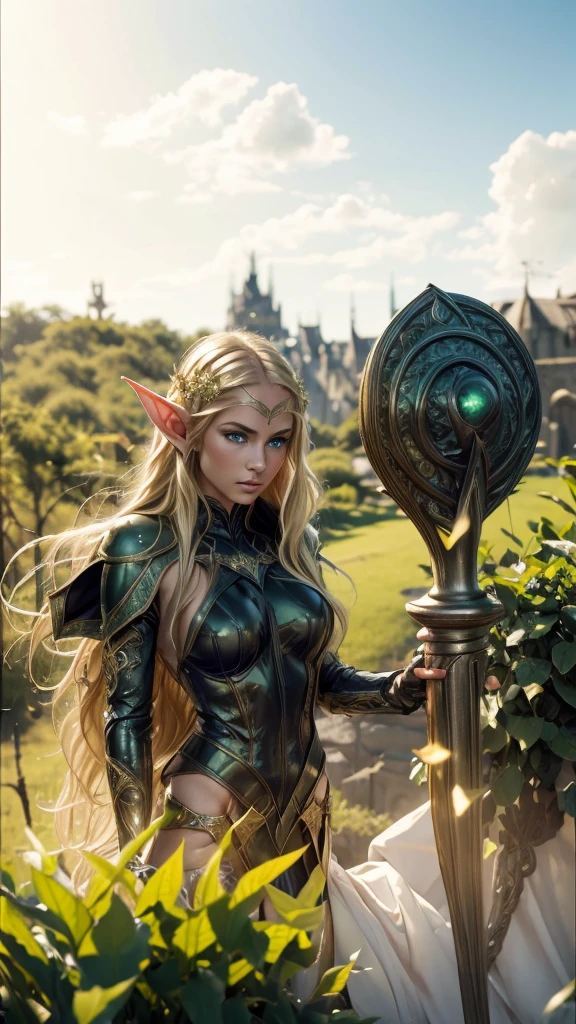 medieval setting, full view of body, (detailed elf ear, 1 woman, elven featured face, beautiful green eyes, blonde hair), leather armor, black leather pants, leather hooded cape,