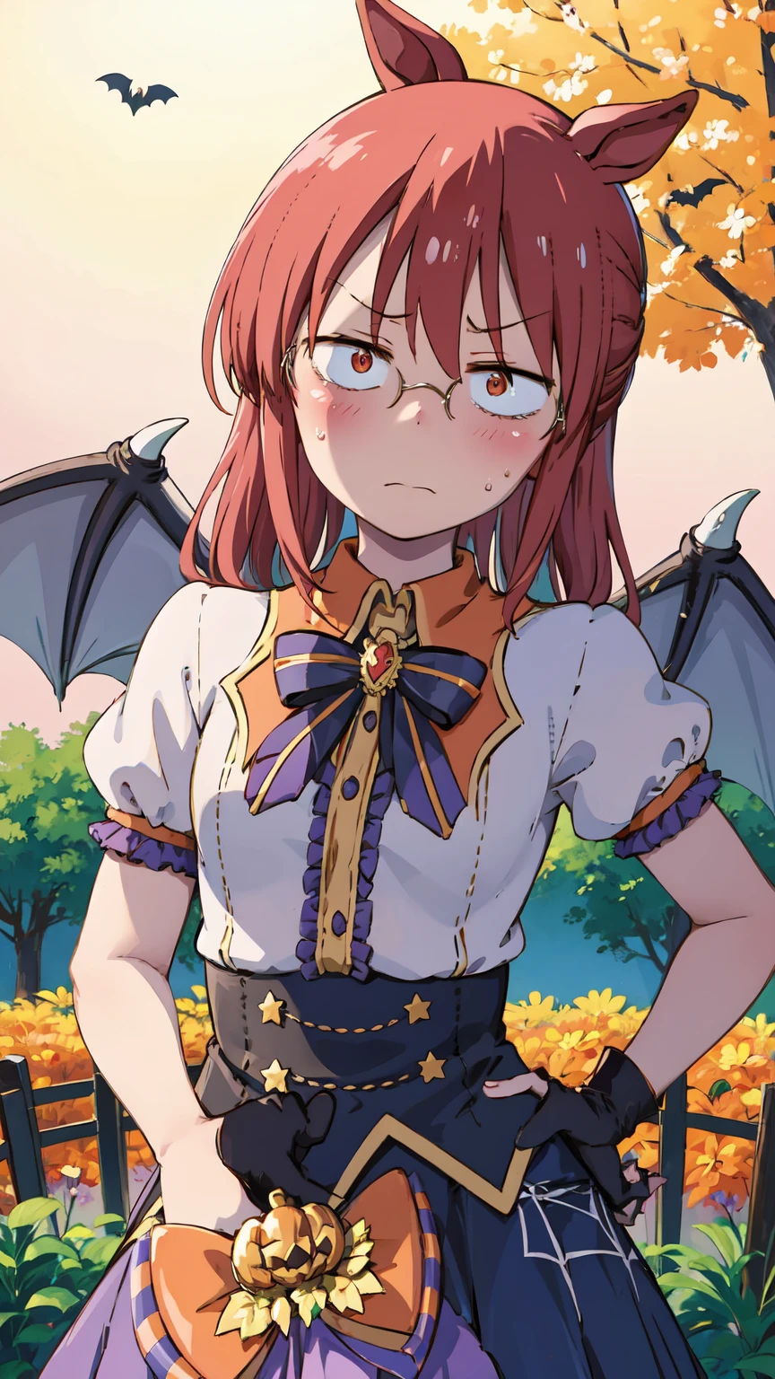 Kobayashi, blushing, frown, (Bust size very very small.)),  (flat chest:1.2), Posing embarrassed, hands on the hips, badhandv4, [Halloween costume] Rice shower (make up vampire!) Umamusume Clothing