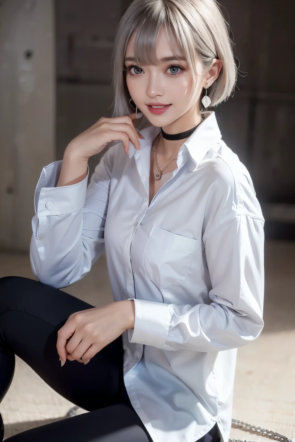 masterpiece, 8k, award-winning photography, photorealistic, realistic, very detailed, ultra high definition, ray tracing,
__
The most beautiful, 22 years old ,(sexy,japanese idol, gray hair, Short hair),glowing skin , detailed skin , detailed face , detailed eyes ,
__
__
(droopy eyes:1.2) ,(natural makeup:1.2),(laugh:1.3),shiny teeth,
__
glowing blue eyes, (tan skin:1.2),
__
break (White Theme:1.4), (Button-up oversized black collared shirt with white shirt hem.:1.5), (long sleeves:1.2), ((clavicle, wrist):1.3),
break (Black Themes:1.2), (black tight long pants:1.2), (Ankle:1.3), (high heel:1.2), ((necklace, earring):1.2),
__
at the mall, very detailed 배경, , ultra-realistic textures, dramatic lighting ,RAW photos, 1 woman,