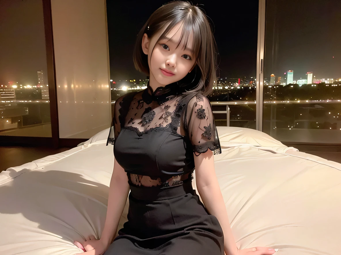 (Highest quality, masterpiece, Ultra-high resolution, 8k, RAW Photos, Realistic, Anatomically correct:1.5), 20-year-old girl:1.2, Embarrassing, avert your eyes, blush:1.0, View Viewer, ((bar)) 、Large windows、Night view、 Light:1.2, Bokeh, Cinema Lighting:1.0, Depth of written boundary, sharp、 Cute Face、Idol、(Black short sleeve lace top)、(Black tulle skirt)、”dwarf”、(Floral clothes)、(Full Body Shot)、Side angle、Cowboy Shot、( smile)、((Ultra short hair、Berry Short))、(Straight bangs)、((See-through))、(( One Girl))、Waist、I can see your thighs、