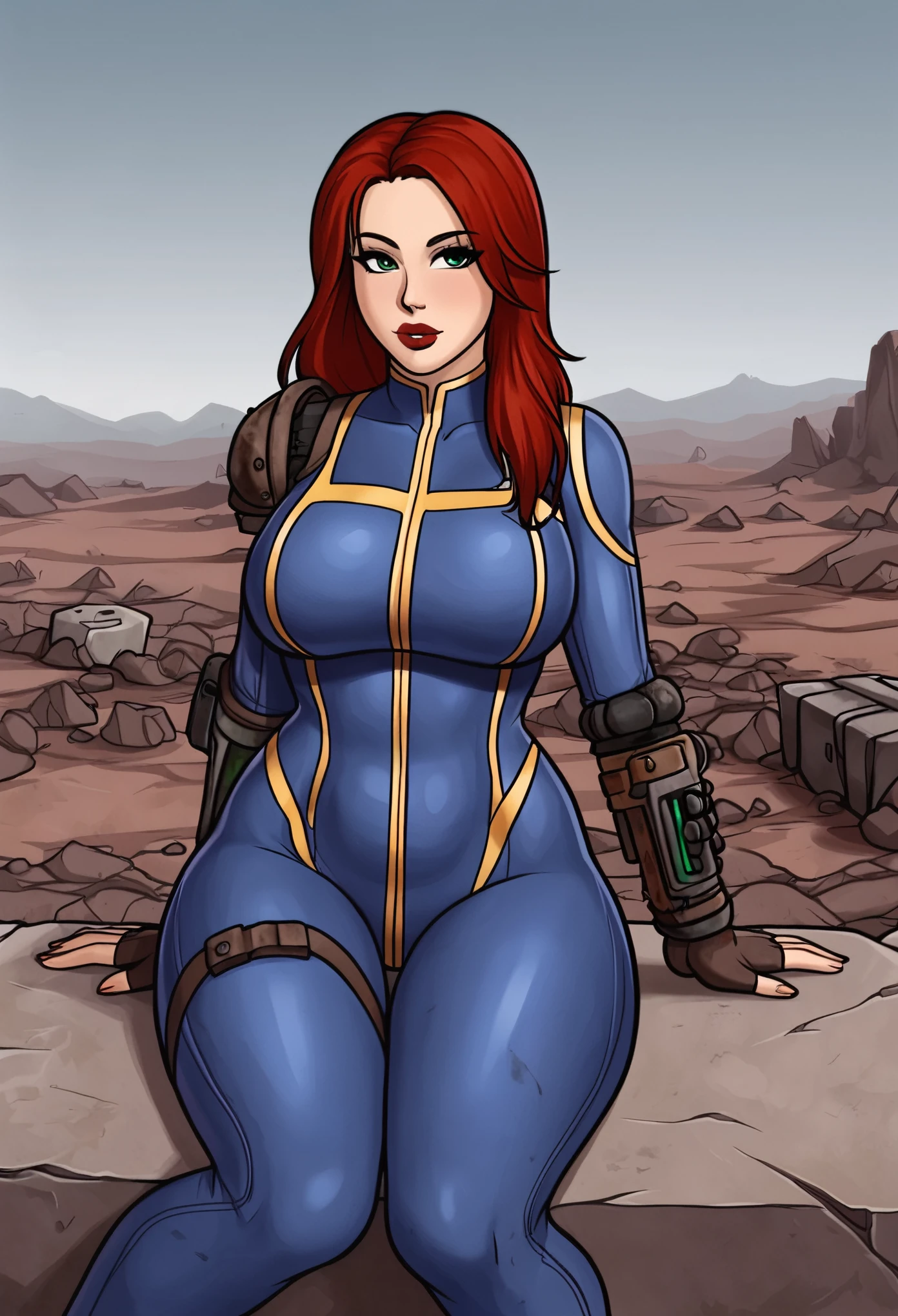 Young woman, SEXY FACE, curvy body, thick thighs, long hair, tight blue suit, Sits on a stone, wasteland, Fallout