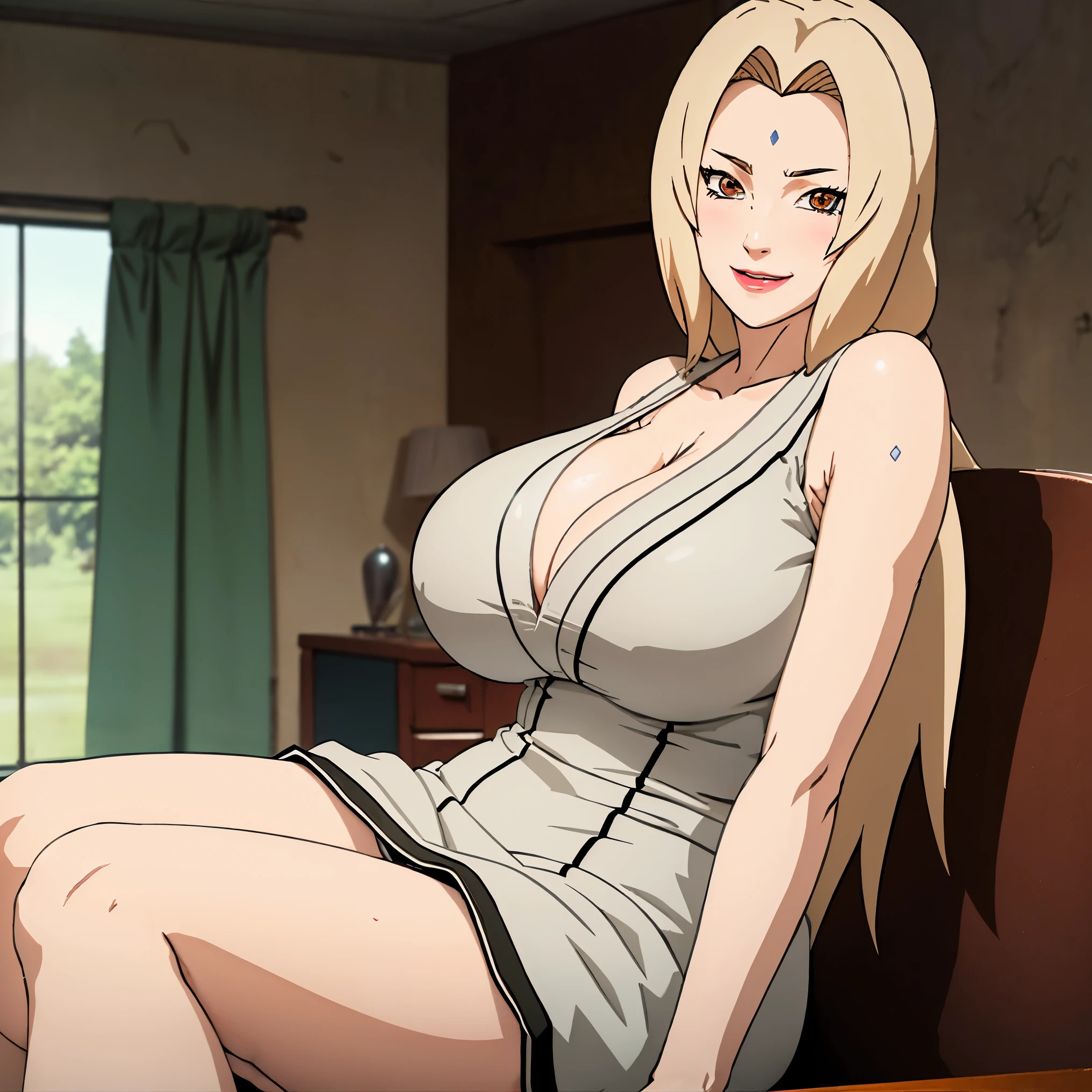 Blonde, anime screencap, very huge , white panties, animated, whole body, breast squeeze, sweat, girl,woman,female, mature,30 years old, Authentic and detailed face, smile, heart-shaped_pupils, bare_shoulders, huge_breasts, thighs, sailor suit, black_skirt, high_heels, skindentation, cleavage_cutout, bare_legs, white Clothes, indoors, very fine 8KCG wallpapers,