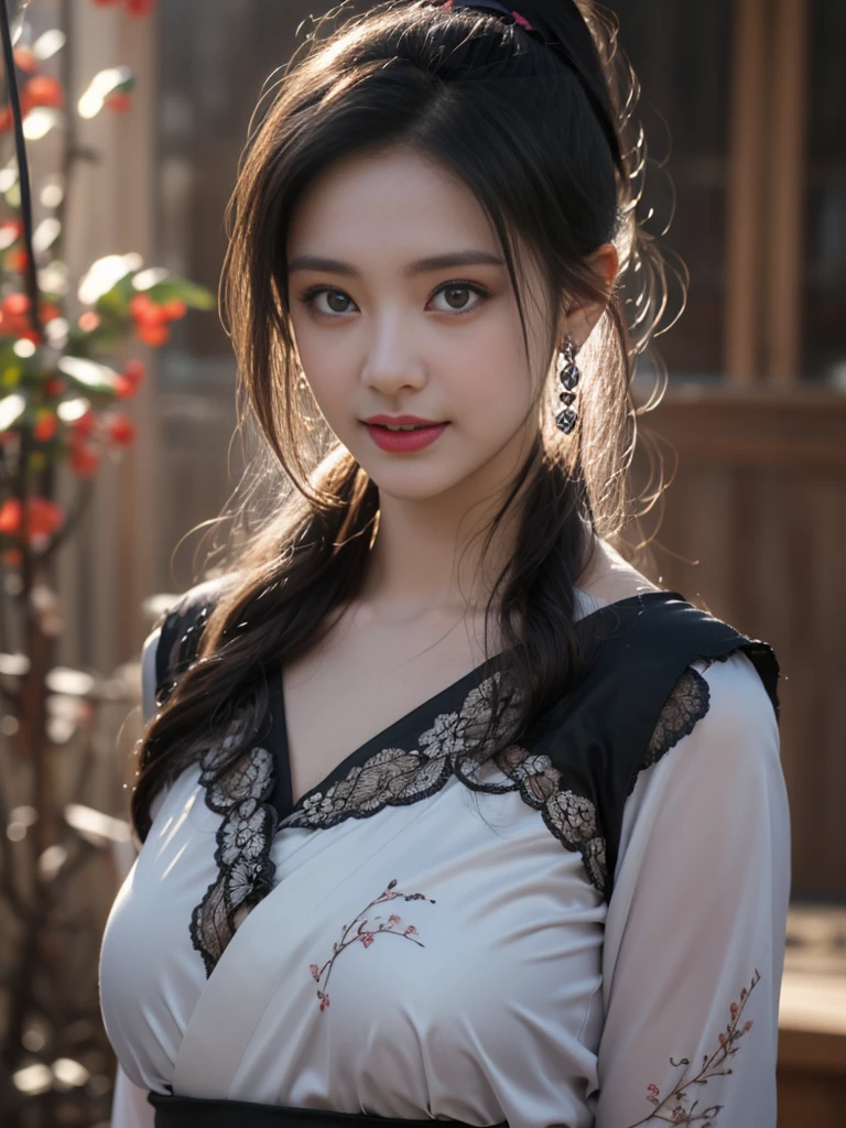 1 beautiful girl in Hanfu costume, ((thin black and white silk shirt with many patterns)), white lace shirt, long platinum purple ponytail. Hair, Jewelry, earrings, thin black silk scarf, carefully drawn big purple eyes, careful makeup, thin eyebrows, high nose, beautiful red lips, cheerful smile, pursed lips, rosy cheeks, wide chest, big chest, shapely chest, slim waist, shapely buttocks, purple mesh stockings, Chinese hanfu style, fictional art texture, many bright and realistic colors, RAW Photos, Realistic Photos , ultra high quality 8k surreal photo, (effective fantasy lighting effect: 1.8), 10 x pixels, magic effect (Background): 1.8), super detailed eyes, full body portrait of girl, vineyard, dynamic, pose
