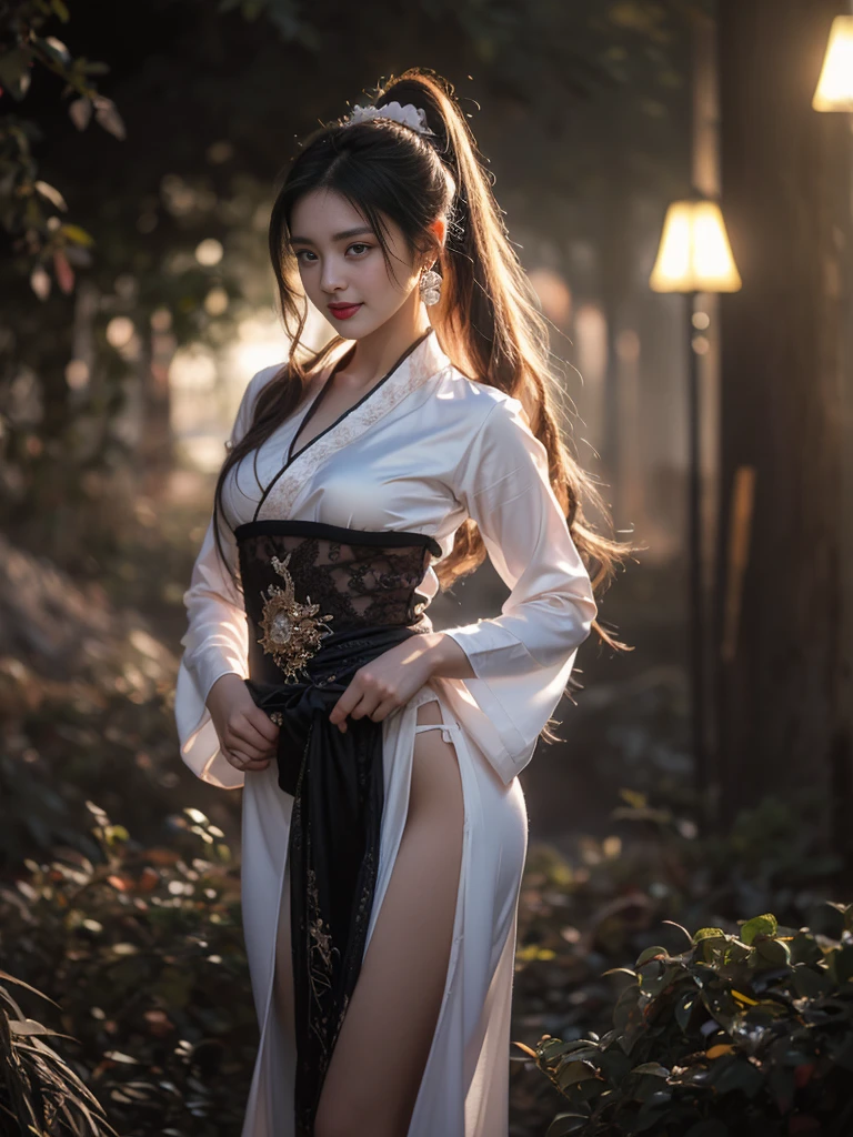 1 beautiful girl in Hanfu costume, ((thin black and white silk shirt with many patterns)), white lace shirt, long platinum purple ponytail. Hair, Jewelry, earrings, thin black silk scarf, carefully drawn big purple eyes, careful makeup, thin eyebrows, high nose, beautiful red lips, cheerful smile, pursed lips, rosy cheeks, wide chest, big chest, shapely chest, slim waist, shapely buttocks, purple mesh stockings, Chinese hanfu style, fictional art texture, many bright and realistic colors, RAW Photos, Realistic Photos , ultra high quality 8k surreal photo, (effective fantasy lighting effect: 1.8), 10 x pixels, magic effect (Background): 1.8), super detailed eyes, full body portrait of girl, vineyard, dynamic, pose