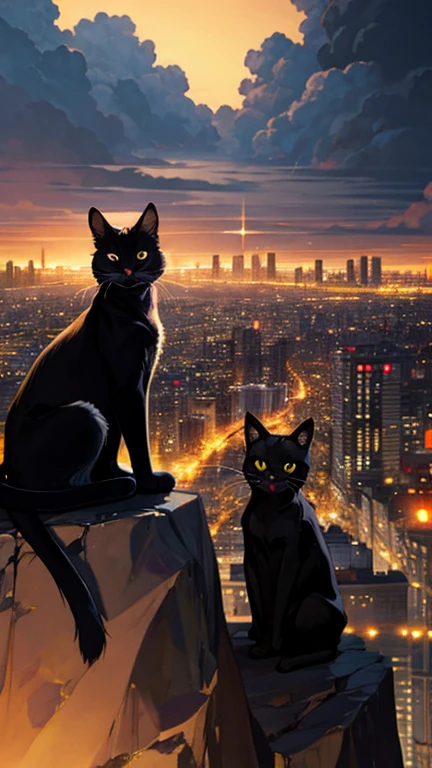 Black cat shape on a cliff overlooking a fantasy cityscape, twinkling lights, dreamy clouds