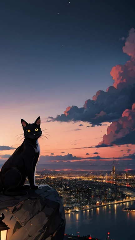 Black cat shape on a cliff overlooking a fantasy cityscape, twinkling lights, dreamy clouds