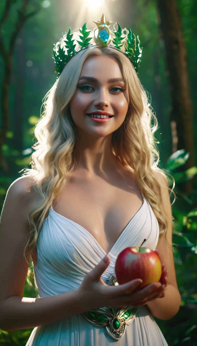 Close-up of an extremely beautiful girl, with a divine face, standing near an apple, in a brightly lit forest. The girl is very beautiful, dressed as a forest god, with bright, holy eyes, smiling, fair skin, high-end makeup, flowing blonde hair, wearing a platinum crown. Cinematic lighting, high detail, 8k, artstation, conceptual art, dark fantasy. Photo taken with Canon EOS R5 85mm f/11 Camera, ((sharp)) mode of people and surrounding scenery. Image quality ((8K)), ((lifelike)), ((masterpiece)), ((sharp and highest contrast)), ((great depth of field)), ((light stereolithography)). ((The sun shines on the girl's body, highlighting the beauty of a goddess)).