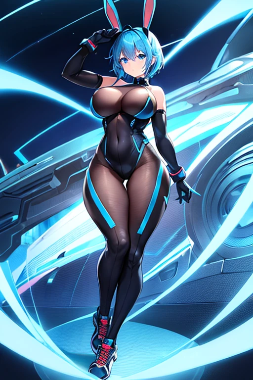1girl, wide hips, large breasts, wide hips, blue hair, short hair, very short hair, blue eyes, bodysuit, black bodysuit, futuristic, machinery, science-fiction, tech, shoes, sneakers, neon trim, blue neon trim, full body, bunny ears, rabbit ears