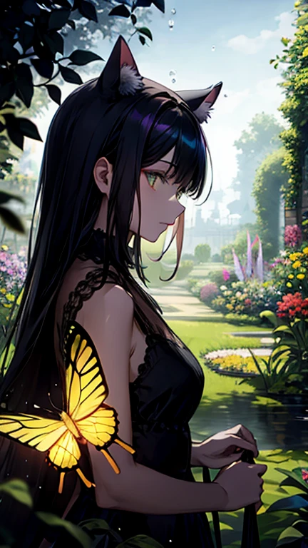 Feline silhouette in a mystical garden, iridescent butterflies, shimmering dew drops