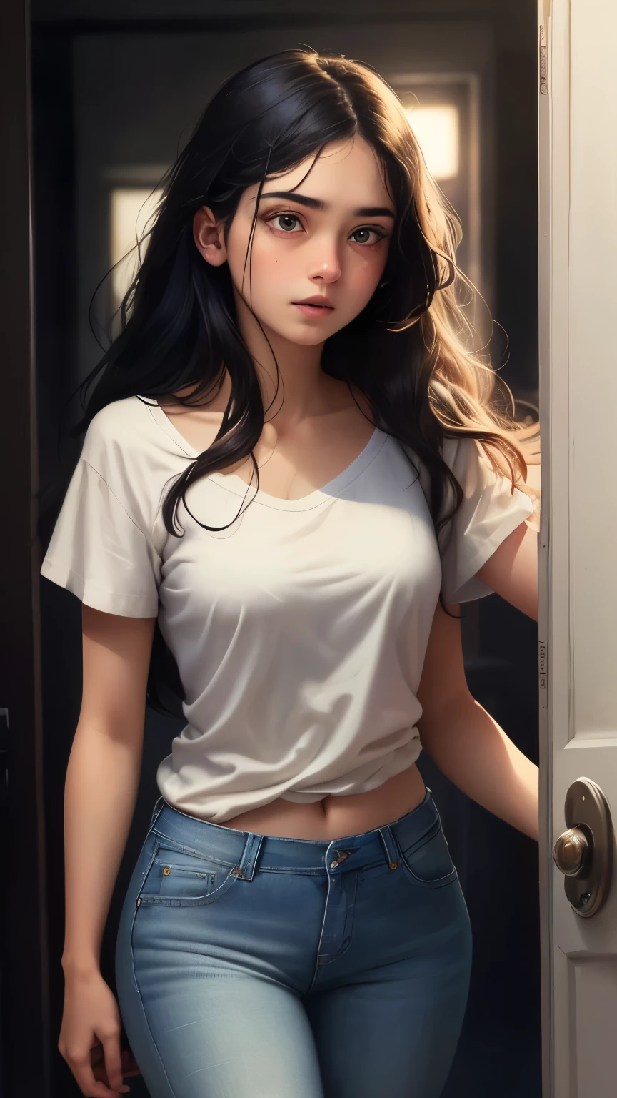 ((best quality)), ((masterpiece)), (detailed), A digital illustration of a long black haired teenage girl slowly opening a door with a expression of tense on her face. She is wearing a plain white t-shirt and blue jeans. The background is full moon and haunted