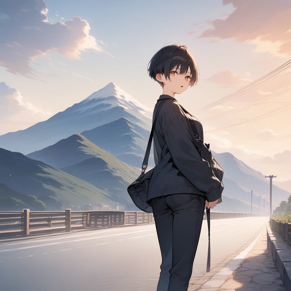 score_9, score_8_up, score_7_up, source_anime, best quality, masterpiece, official art, absurdres, highres, ultra-detailed,waifu2x,Collection: Slice of Life,break,1girl, tomboy, very short hair, pixie cut, breasts, groin, butt, beautiful detailed eyes, expressionless, traveling outfit, open mouth, outdoors, mountain, break,(clear line illustration:1.2), super detailed skin,very high resolution, very aesthetic, Best sexual lighting powered by famous artist, 8k,cute picture,beauty illustration,photoshop_(medium),,(Detailed Lighting),best anime 8k konachan wallpaper, pixiv contest winner,