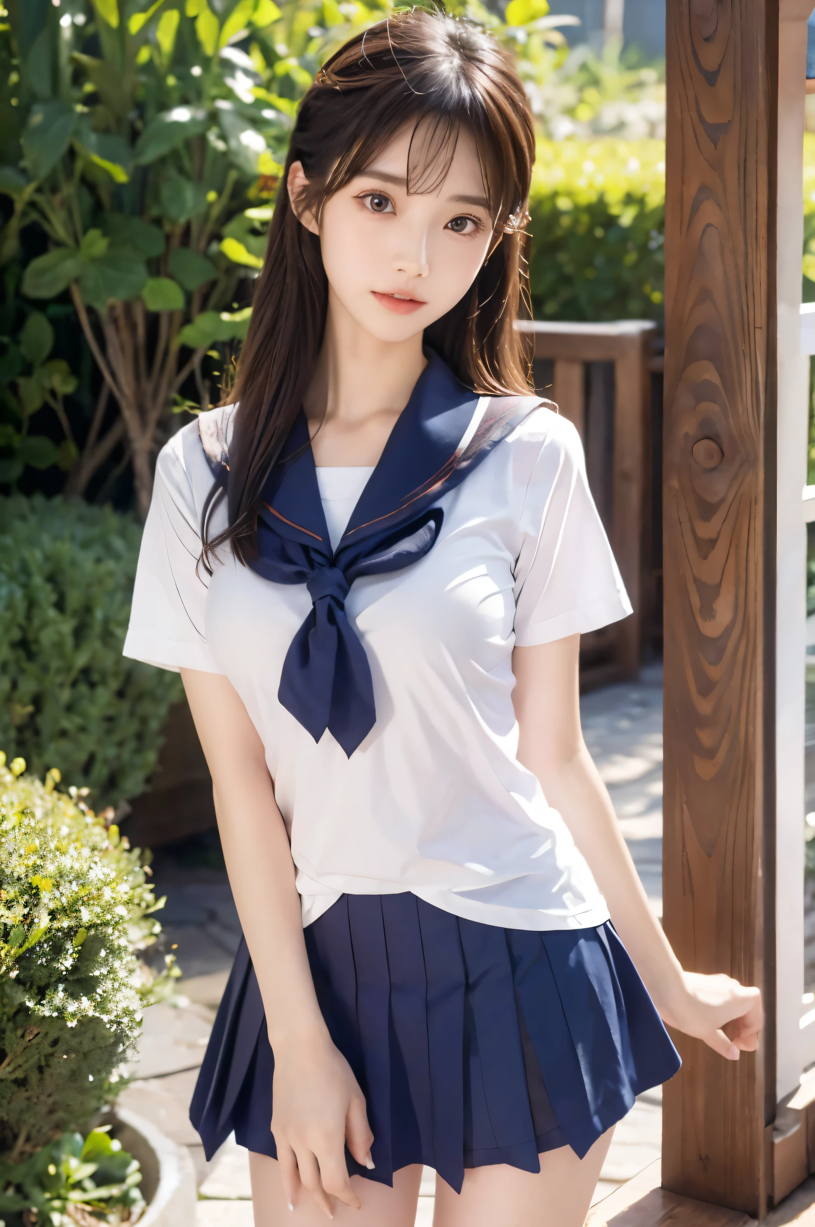 (Ultra HD), (Short-sleeved sailor uniform, Navy blue mini skirt), Big Breasts, slender, whole body, Standing posture, (Clean and shiny skin, Whitening, No makeup), (Super slim face, Super beautiful face), (semi-long, Layered Cut, Fluffy hair), (double eyelid, Slanted Eyes), Small Nose, Thin lips, Thin legs, school gate