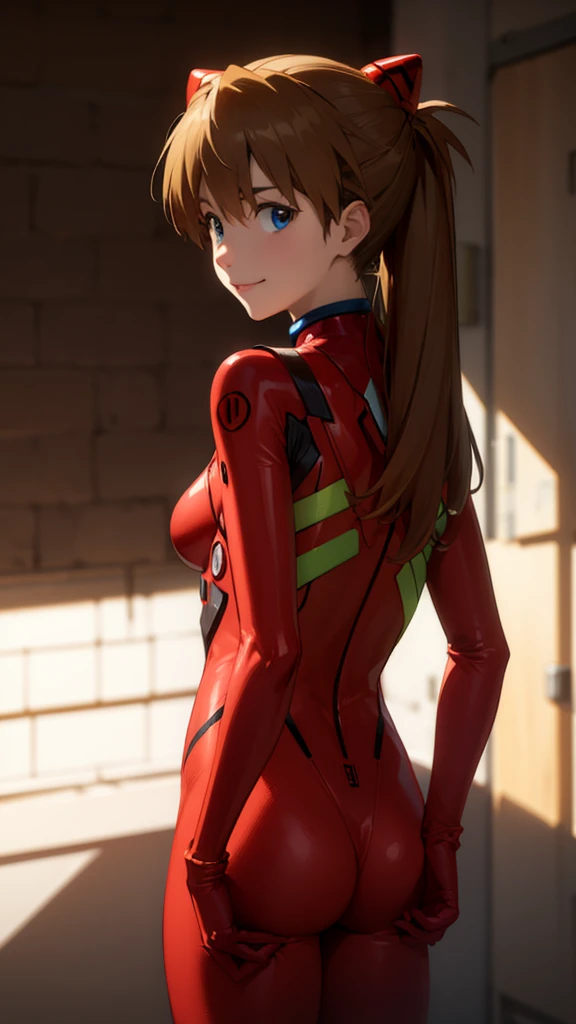 asukalangley, asuka langley soryu, (souryuu asuka langley:1.2), long hair, bangs, blue eyes, brown hair, hair ornament,
BREAK bodysuit, pilot suit, plugsuit, (red bodysuit:1.5), interface headset,
indoor,(((shadow)))
BREAK looking at viewer, (cowboy shot:1.5),,smile,ass,from back
