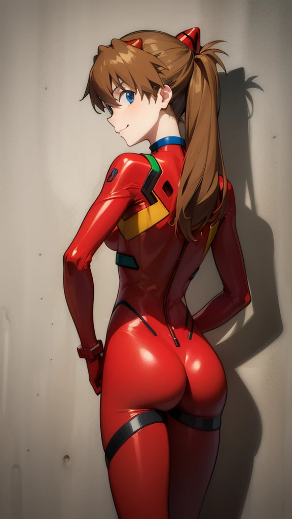 asukalangley, asuka langley soryu, (souryuu asuka langley:1.2), long hair, bangs, blue eyes, brown hair, hair ornament,
BREAK bodysuit, pilot suit, plugsuit, (red bodysuit:1.5), interface headset,
indoor,(((shadow)))
BREAK looking at viewer, (cowboy shot:1.5),,smile,ass,from back
