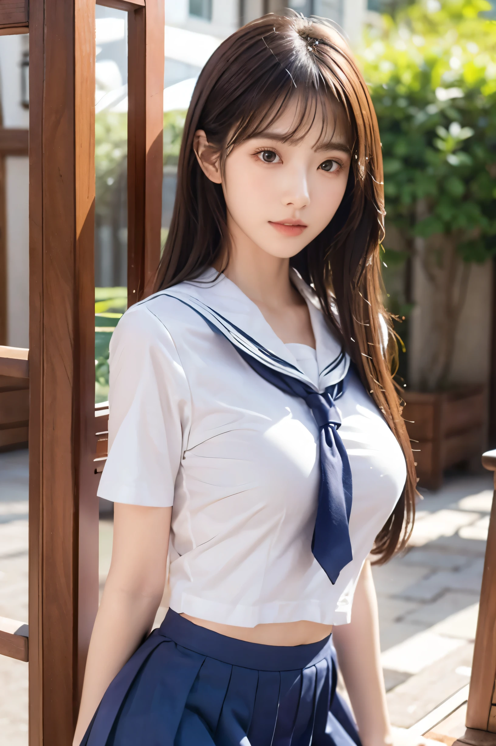 (Ultra HD), (Short-sleeved sailor uniform, Navy blue mini skirt), Big Breasts, slender, whole body, Standing posture, (Clean and shiny skin, Whitening, No makeup), (Super slim face, Super beautiful face), (semi-long, Layered Cut, Fluffy hair), (double eyelid, Slanted Eyes), Small Nose, Thin lips, Thin legs, school gate