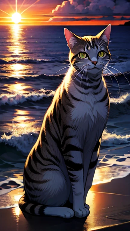 Cat outline against a sunset sky, sparkling ocean waves, ethereal light beams
