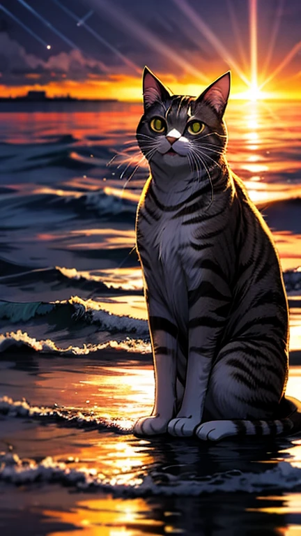 Cat outline against a sunset sky, sparkling ocean waves, ethereal light beams