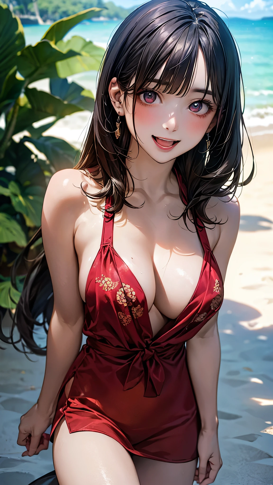 (masterpiece:1.2, top-quality), (realistic, photorealistic:1.4), beautiful illustration, (natural side lighting, movie lighting), depth of fields, nsfw,
beautiful detailed hair, beautiful detailed face, beautiful detailed eyes, beautiful clavicle, beautiful body, beautiful chest, beautiful thigh, beautiful legs,
looking at viewer, 1 girl, , (perfect anatomy, anatomically correct, super detailed skin), cute and symmetrical face, perfect face, perfect eyes,
(long hair, pobytail:1.5, sideburns, black hair), blunt bangs, break red eyes, big eyes, long eye lasher, (medium breasts, seductive thighs), perfect body, shiny skin, pink skin,
(detailed cloth texture, break dark red summer dress), break
(beautiful scenery), (tropical beaches:1.2), walking, (happy smile, open mouth),