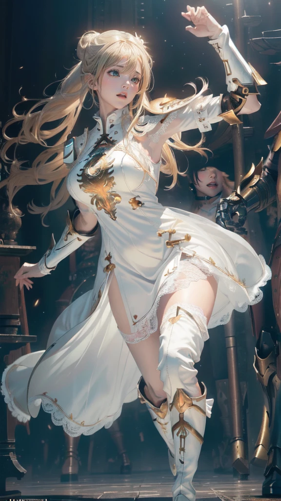 (random fighting pose:1.5),(Cinematic scene,Fantasy Art,Highest image quality,(8K),Ultra-realistic,Best Quality,High quality,High Definition,high quality texture,high detailing,Beautiful detailed,fine detailed,extremely details CG,Detailed texture,realistic representation of face,masterpiece,presence,Dynamic,Bold),1gir,Ultra detailed skin,Curve,,Beautiful breasts,Large breasts,pale skin,pointed breast,Erect nipples,(Thin hair),(Soft hair),(Ultra straight hair),Swept long bangs,Extra bright coppery amber hair,Hair over one eye,(leather boots,(asymmetrical mecha armor),(long embroidered white lace dress,see through:1.2))