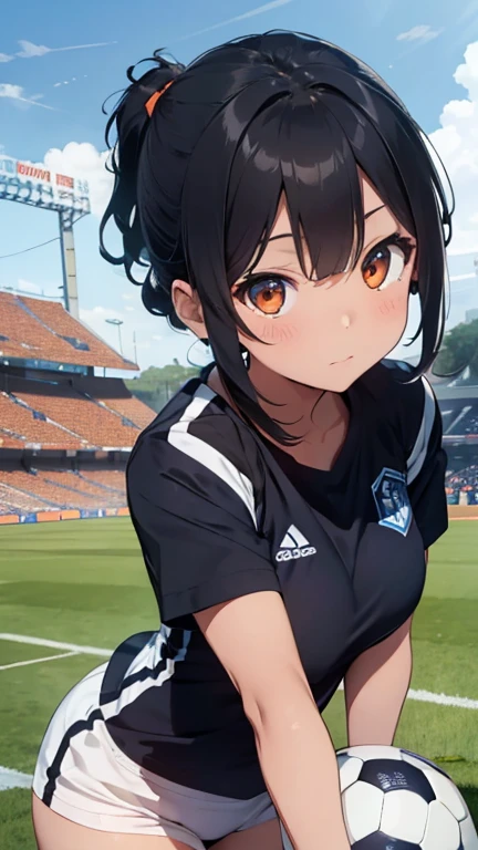Highest quality、Realistic、woman、zoom、Orange eyes、Very short black hair、Blue Football Uniform、Large Breasts、Sunburn。Dark Skin、、Soccer Field