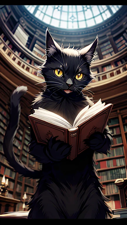 Dark cat form in a enchanted library, floating books, magical dust motes in air