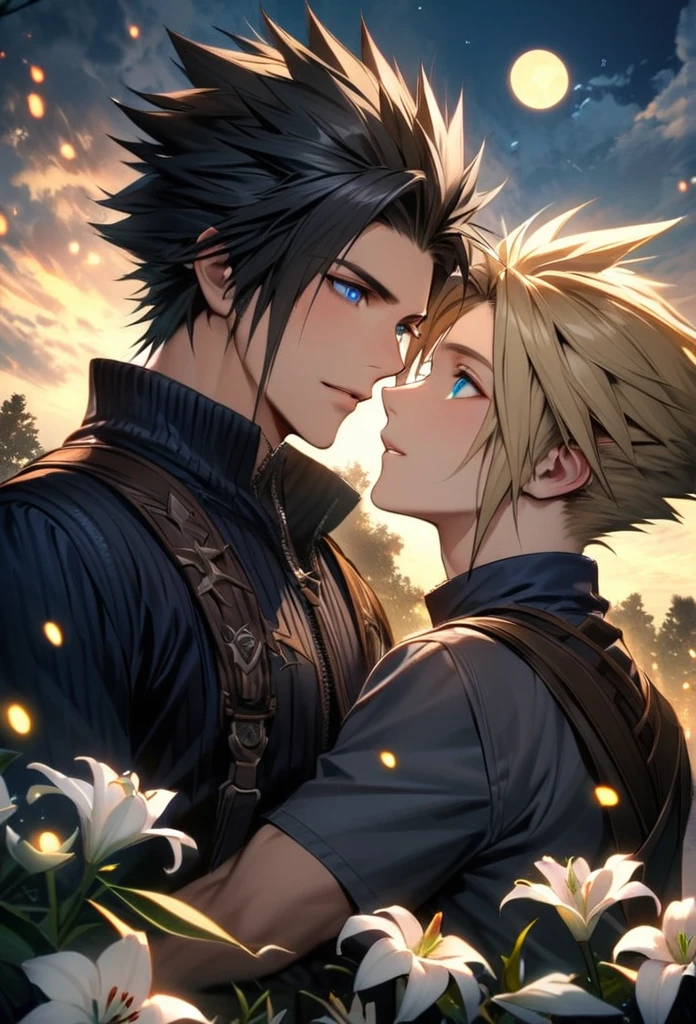 absurdres, highres, ultra detailed, HDR, master piece, best quality, Zack, black hair, expressive blue eyes, Final Fantasy, Cloud Strife, blond hair, expressive blue eyes, 2men together, gay couple, handsome, petals, white lilies, moon, fireflies, extremely detailed face and eyes
