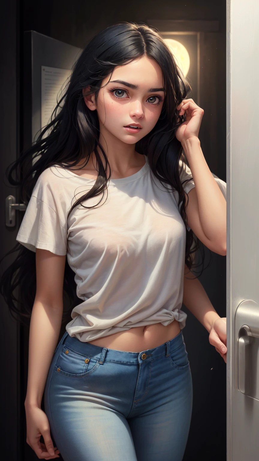 ((best quality)), ((masterpiece)), (detailed), A digital illustration of a long black haired teenage girl slowly opening a door with a expression of tense on her face. She is wearing a plain white t-shirt and blue jeans. The background is full moon and haunted