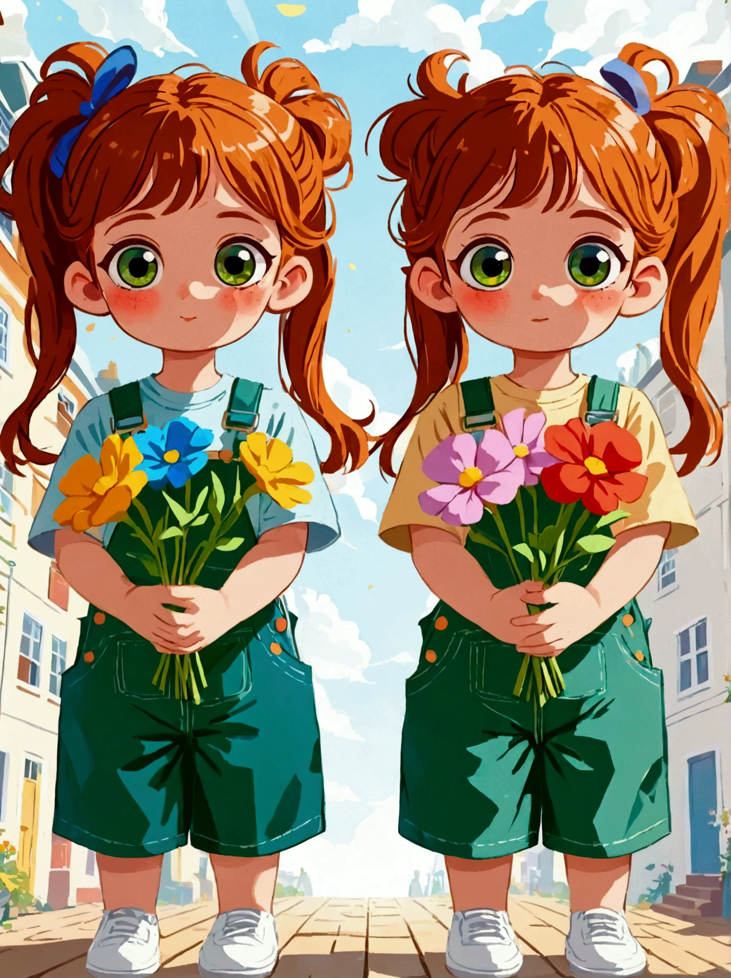  (Low Angle Shot:1.8), (((projected inset, dutch angle, vanishing point, from below))), (8k，Bright colors，Bright，Ultra high saturation，rgb, Colorful), Cartoon,Character Design,Cute little girl,big eyes,Long hair,With pigtails,Holding flowers,Wearing green overalls,可爱的Q版Cartoon风格,Simple background,White Walls,White floor,Colorful illustrations,Bright colors,White shoes,Full body image,Bright colors,HD,High-resolution images in a Q-version style