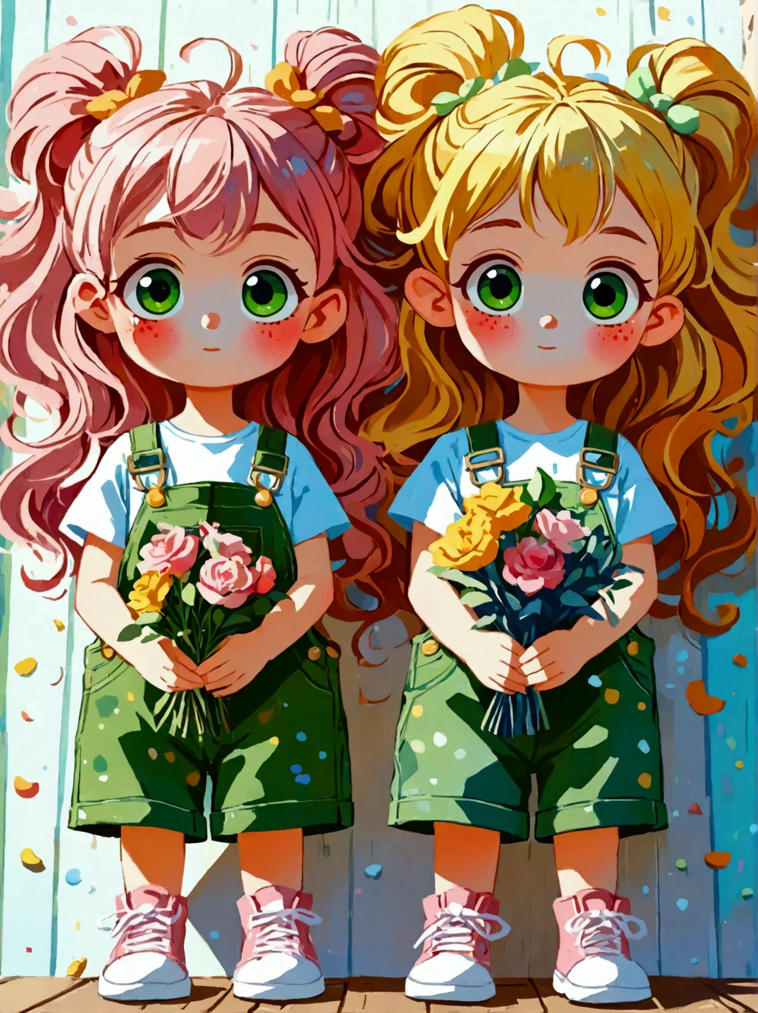  (Low Angle Shot:1.8), (((projected inset, dutch angle, vanishing point, from below))), (8k，Bright colors，Bright，Ultra high saturation，rgb, Colorful), Cartoon,Character Design,Cute little girl,big eyes,Long hair,With pigtails,Holding flowers,Wearing green overalls,可爱的Q版Cartoon风格,Simple background,White Walls,White floor,Colorful illustrations,Bright colors,White shoes,Full body image,Bright colors,HD,High-resolution images in a Q-version style