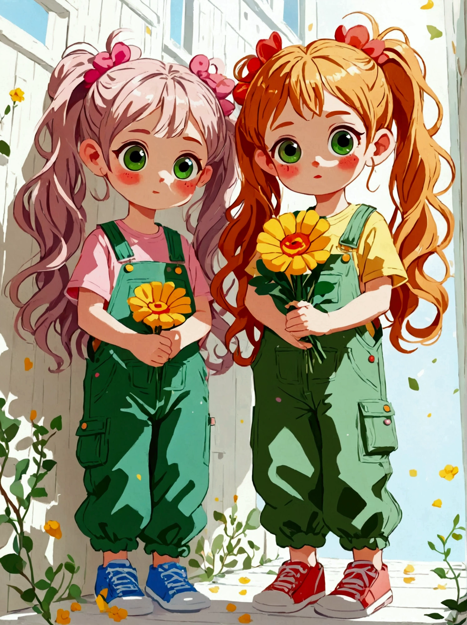 (Low Angle Shot:1.8), (((projected inset, dutch angle, vanishing point, from below))), (8k,Bright colors,Bright,Ultra high saturation,rgb, Colorful), Cartoon, character design, cute with big eyes and long hair in pigtails holding flowers wearing green overalls, cute Q version cartoon style, simple background, white wall, white floor, colorful illustration, colorful , white shoes, full body portrait, bright colors, high definition, high resolution image in the style of Q