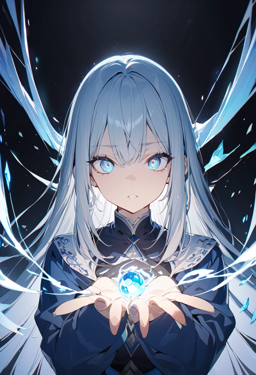 blue flame night. Darkness with impressive blue flames. A woman wearing a white wizard's robe. she has a beautiful face and bright blue eyes. Blue magical flames can be seen around her.. Detail view. bright colors. High resolution.magic wand、gray hair、blue eyes、blue gemstone necklace