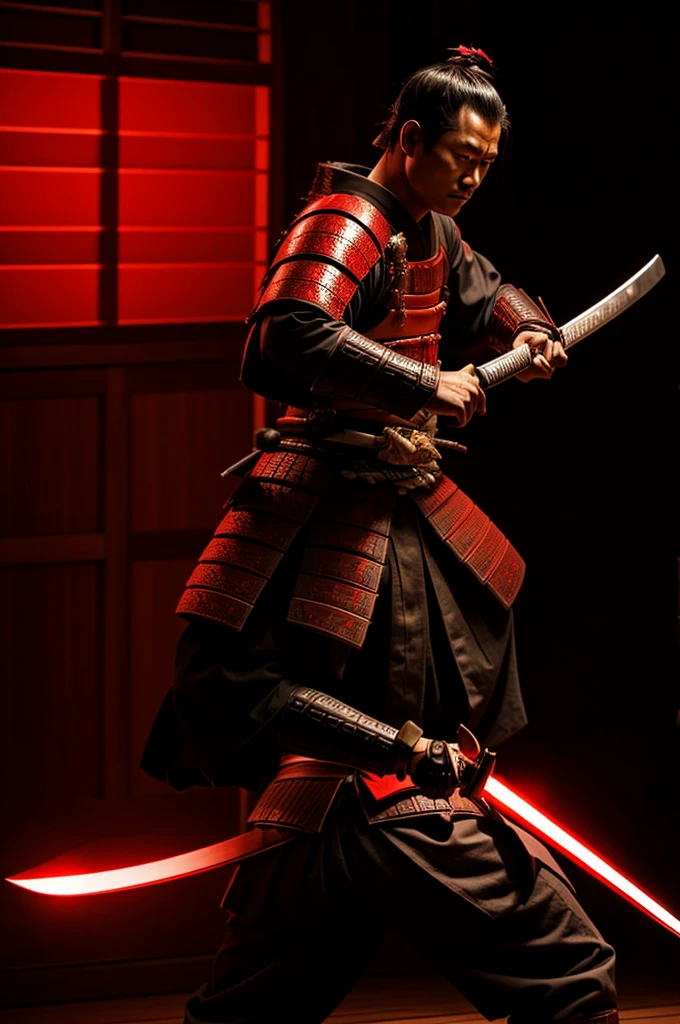 A samurai turning around with a glowing red katana
