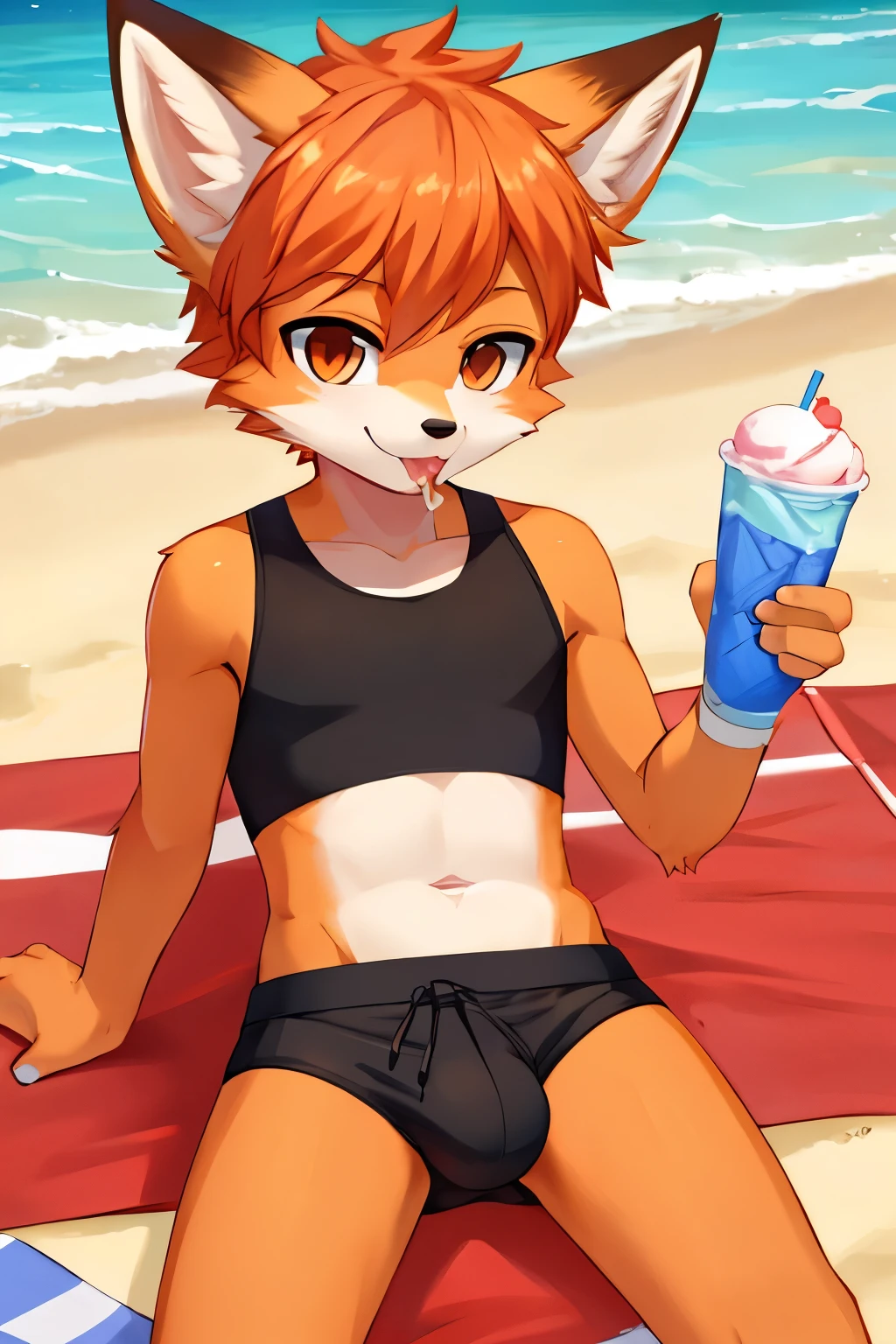 Fox boy -14n the beach. He wear crop top and black underpants, he eat ice cream.